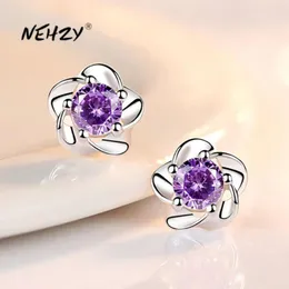 Sterling Silver Woman Fashion Jewelry High Quality Plum Blossom Purple Crystal Zircon Flower Retro Stud Earrings
