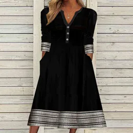 Vintage Geometrik Çizgili Baskılı Parti Elbise Bayanlar Bahar Sonbahar Güzel A-line Elbiseler Kadınlar Zarif O Boyun Düğmeli Elbise Y1204