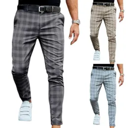 Herrbyxor Shzq Mens Kontrollera Slim Fit Soft Stretch Casual Long Trousers Arbetskontor Business Manlig Sommarbyxa Streetwear