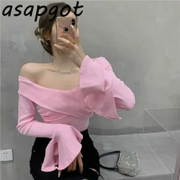 Asapgot Sexy Slim Flare Langarm Crop Tops Slash Neck Rosa Shirts für Frauen Pullover Solide Süße Koreanische Chic Wilde Mode 210610