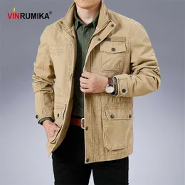 Large Size M-6XL Spring Autumn Men's Military Casual Style 100% Cotton Khaki Loose Mid-length Jacket Coat Man Black Jackets 210927