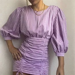 Snygg violett plaid mini klänning o-hals tillbaka dragkedja tre fjärdedel ärm kvinnlig casual es party chic vestidos 210430