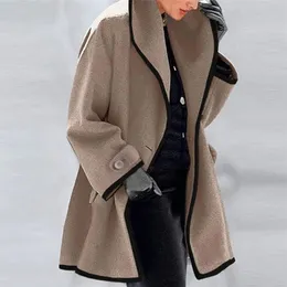 Long Winter Coat For Women Single Botton Hoodies Pockets Turn Down Collar Casual Women's Jacket Khaki Loose Ladies Coats 210820