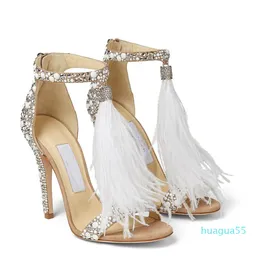 Focus Bride Sandalias de boda Zapatos de vestir Perlas Strass Viola Gamuza blanca Hot Fix Adornado con cristales Tacones altos Bombas con borlas de plumas
