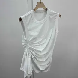 FABPOP Casual White T Shirt For Women O Neck Sleeveless Ruched Irregular Slim T Shirts Females Summer Fashion GB735 210709