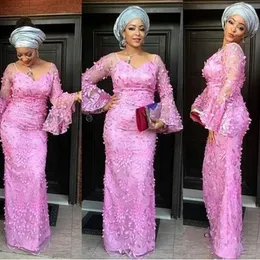 ASO EBI -Stil Pink Spitze Blumen formelle Abendkleider mit Flare -Ärmel Illusion Abiye Women Applique Prom Partykleider Elegantes bloße Vestido Longo