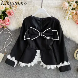 Kimutomo Elegant Lace Patchwork Women Blouses Shirt Fashion Ruffles French Style Square Collar Bow Long Sleeve Short Tops 210521
