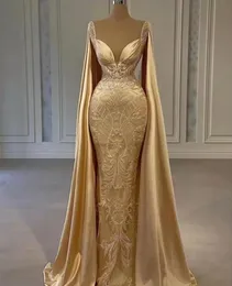 Gold-Champagner-Meerjungfrau-Abschlussballkleid mit langem Umhang, Wickel-Perlenspitze, applizierte arabische Königin, Abendempfangskleid, Robe de Soir￩