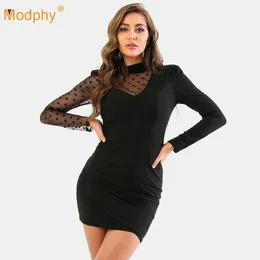 Spring And Autumn Black Long-Sleeved Bodycon Celebrity Club Party Dress Women'S Sexy Point Mesh See-Through Vestidos 210527