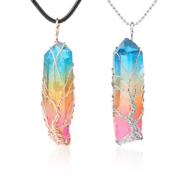 Colorful Irregular Natural Stone Crystal Pendant Necklace Antique Plated Wire Wrap Silver Color Tree of Life Pendants