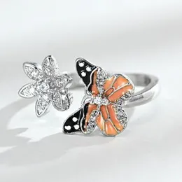 Hoop & Huggie Dripping Oil Butterfly Insect Flower Floral Shaped Ring Inlaid Rhinestone Crystal For Women Party Jewelry Size 6-10