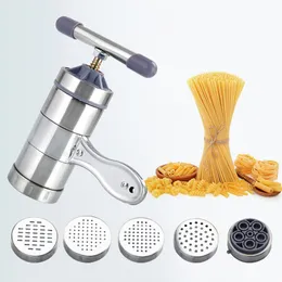 Multifunktionsmanual Rostfritt stål Nudelmakare Crank Cutter Fruits Juicer Köksartiklar Göra Spaghetti Verktyg med 5 formar