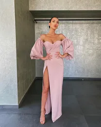 Pembe Basit Tozlu Satin Prom Gowns Uzun Artı Boyutu Omuz Kapalı Yüksek Bölünmüş 2021 Parti Elbisesi