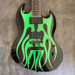 Custom LTD James Hetfield Grynch Sparkle Green Flame SG E-Gitarre, 27 Zoll Bariton-Mensur, White Pearl Dot Inlay, China EMG Pickups, schwarze Hardware