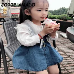 Spring Kids Girls 2-pcs Sets White Long Sleeves Lace Shirts + Sling Denim Skirt Cute Style Children Clothes E1135 210610