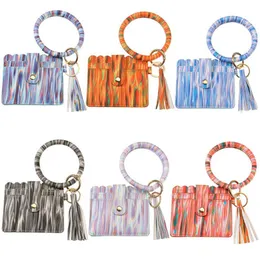 Shiny PU Leather Card Bag Keychains Party Bracelet Keychain Wallet With Tassels String Bangle Key Ring Holder Wristlet Handbag Lady Fashion Accessories DD705