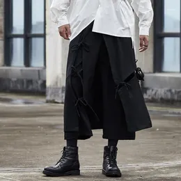 メンズパンツ男性リボンスプライス緩いカジュアルブラックワイドレッグパン男性日本ストリートウェアヒップホップゴシックパンクハーレムズボン着物スカートパンタ