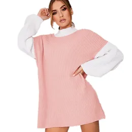 LOSSKY Patchwork Knitted Loose Sweater Mini Dress Casual O Neck Long Sleeve Women's Autumn Winter Warm es Sexy Short 210507