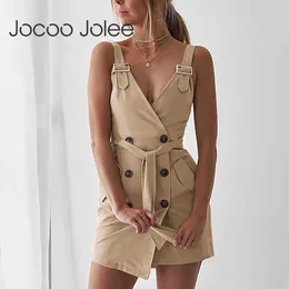 Jocoo Jolee elegante fajas vestido de algodón caqui Casual verano sin mangas botón bolsillos Mini vestido Vintage sólido mamelucos 210619