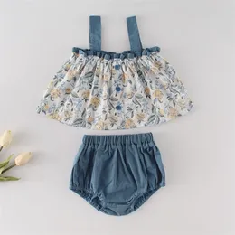 Sommar baby outfits kläder set född ärmlös kondolebälte topp och bröd av byxor spädbarn tjejer kläder 0-2 år 210521