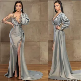 2021 Sexy Silver High Side Split Prom Dresses Długie Rękawy Illusion Crystal Forading Mermaid Długość Party Dress Suknie Wieczorowe Otwórz Robes De Soirée