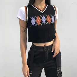 Argyle Plaid Stickad Tank Top Kvinna StreetWear Preppy Style Kläder Stripe VNeck Beskuren Knitwear 90s Sweater Vest 210518