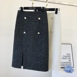 Autumn winter new design women's high waist double breasted lurex patchwork shinny tweed woolen pencil skirt SMLXL