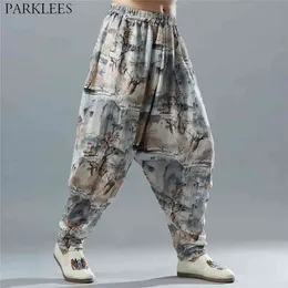 Mens Baggy Cotton Linen Harem Pants Printed Chinese Casual Trouser Male Japanese Vintage Wide Leg Jogger Pants Men Pantalone XL 210522