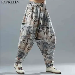 Herren Baggy Baumwolle Leinen Harem Hosen Gedruckt Chinesische Casual Hosen Männliche Japanische Vintage Breite Bein Jogger Hosen Männer Pantalone XL 210522