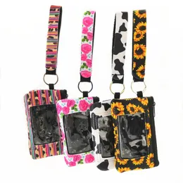 Tryck solros leopard ko blomma multifunktion Neopren pass täcke ID-korthållare Wristlets kopplingsmynt plånbok med nyckelring hög