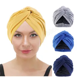 Kvinnor Satin Linning Turban Twist Head Wrap Soild Color Hat Headband Turban Muslim Cap Headscarf Inner Hijab India Hattar