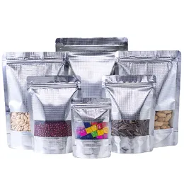 100pcs Stand up Embossed Silver Aluminum Foil Window Zip Lock Bag Resealable Visiable Display Food Snack Coffee Meat Dried Fruits Nuts Beans Packaging Pouches