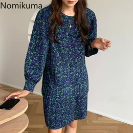 Nomikuma floral impresso doces vestidos mulheres o pescoço manga comprida casual vestido vintage feminino chique estilo coreano robe femme 210514