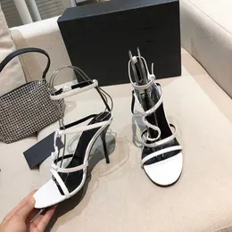 2021SS Paris Metal Letters Luxury Designer Kvinnors Klänning Sandaler Mode Leather SL Sexig Open Toe Super High Heels Bridal Bröllop Bankett 35-41