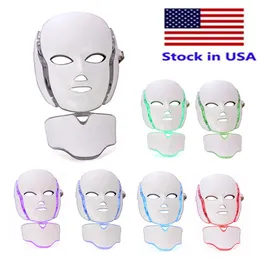 Lager USA High End 7 Color LED Light Therapy Face Beauty Machine Facial Neck Mask med mikrourent för hudblekningsanordning