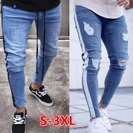 Mäns Jeans 2021 Skinny Men Sexig Ripped Hole Stretch Denim Trousers Man Höst Straight Streetwear Penna Hip Hop Plus Storlek1