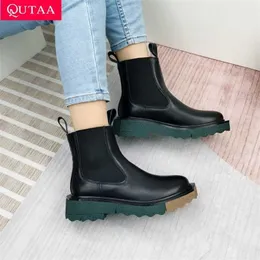 Qutaa 2022 Ins mode fotled stövlar glida på ko läder höst kvinnor skor rund tå torg med häl vinter kort 34-40 211105