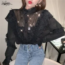 Höst Koreanska Slim Ruffles Overaller för Kvinnor Retro Sequined Lace Vit Chiffon Blus Vintage Ropa de Mujer 10954 210521