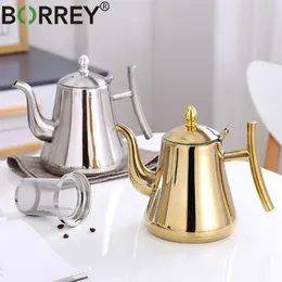 BORREY 1L/1.5L/2L Stainless Steel Coffee Pot Gold Teapot With Filter Metal Tea Kettle Gas Stove Induction Cooker Water 210813