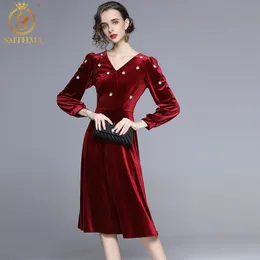 Women Luxury Beading Velvet Dress High Quality Elegant Office Vintage Designer Runway Lantern Sleeve Vestidos 210520