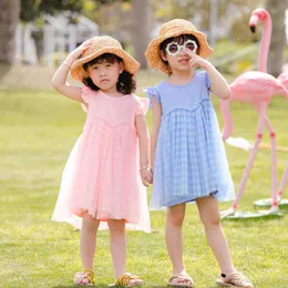 Summer Girls Party Princess Dresses Flying Sleeves Pink Lace Dress 1-7 Years Old Kids Birthday Evening Clothes Casual Outfits Q0716