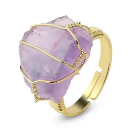 Kamień Naturalny Kryształowy Pierścienie Kobiety Nieregularne drut Wrap Healing Purple Fluoryt Gold-Color Resizable Finger Ring Biżuteria