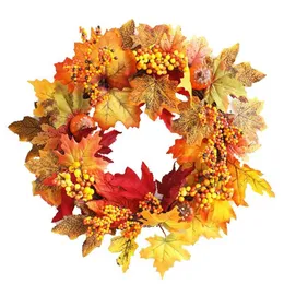 Pumpkin Maple Leaf Wreath Artificial Flower Garland Autumn Harvest Thanksgiving Halloween Decoration Halloween Wreath Berry Deco Y0831