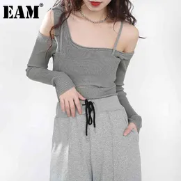[EAM] Grey Hollow Out Knitting Sweter Luźne Fit Slash Neck Z Długim Rękawem Kobiety Swetry Moda Jesień Zima 1DD226702 21512