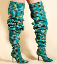 가을 겨울철 격자 무늬 부츠 여자 천으로 무릎 길고 섹시한 하이힐 여성 허벅지 신발 보타스 무지르 1992