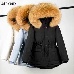 Janveny 큰 천연 너구리 모피 후드가 재킷 허리를 내려 놓은 90 % 오리 겨울 여성 두꺼운 따뜻한 오버코트 211130