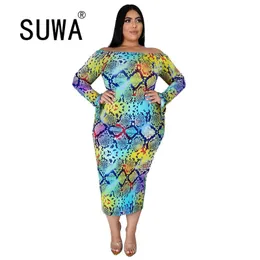 Jesień Est Snake Skin Drukowane Slash Collar Długie Rękaw Bodycon Midi Suknie Dla Kobiety Party Night Club Plus Size L-5XL 210525