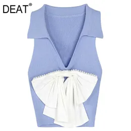 [DEAT] Summer Fashion V-neck Sleeveless Splicing Bow Beading Knitting Temperament Women Thank Tops 13Q299 210527