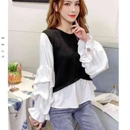 Vår Höst Kvinnans skjorta Koreansk splicing Fake Two-Piece Puff Sleeve Blouse Round Neck Loose Long Topps GX644 210507