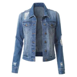 Kadın Denim Ceket Vintage Jean Moda Katı Renk Şık Streetwear Chic Yeni Ince Delik Rahat Patlama Üst Kadın Coat 210422